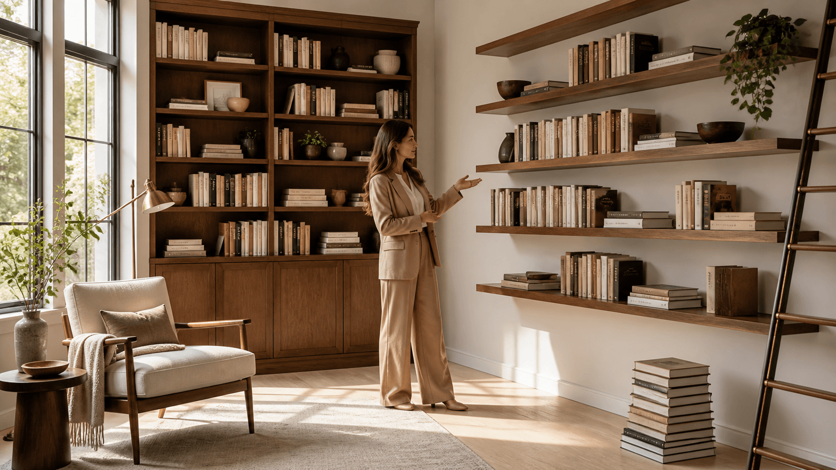 Warm home library with dark wood bookcases, white floating shelves, colorful books, and soft window light.