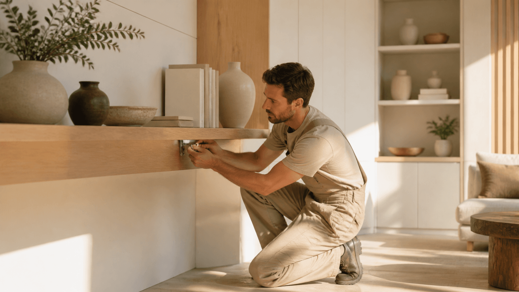 Warm wood floating shelves and white cabinetry form a built-in wall, softly lit by natural light.