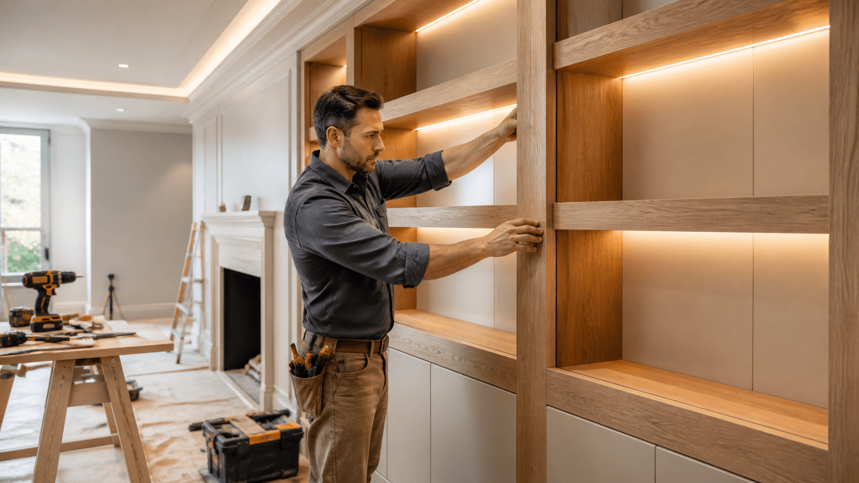 Warm wood floating shelves with recessed lighting and white trim create a built-in wall display.
