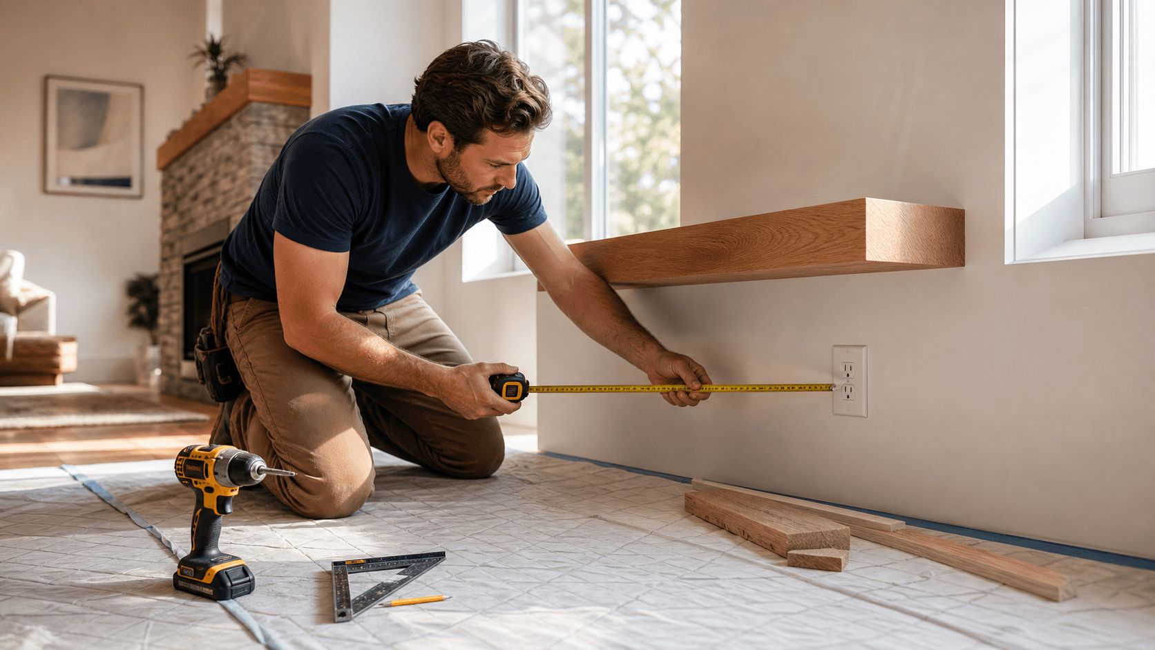 Tape measure and pencil beside unfinished wood shelves fitted around a bright window and wall outlet.