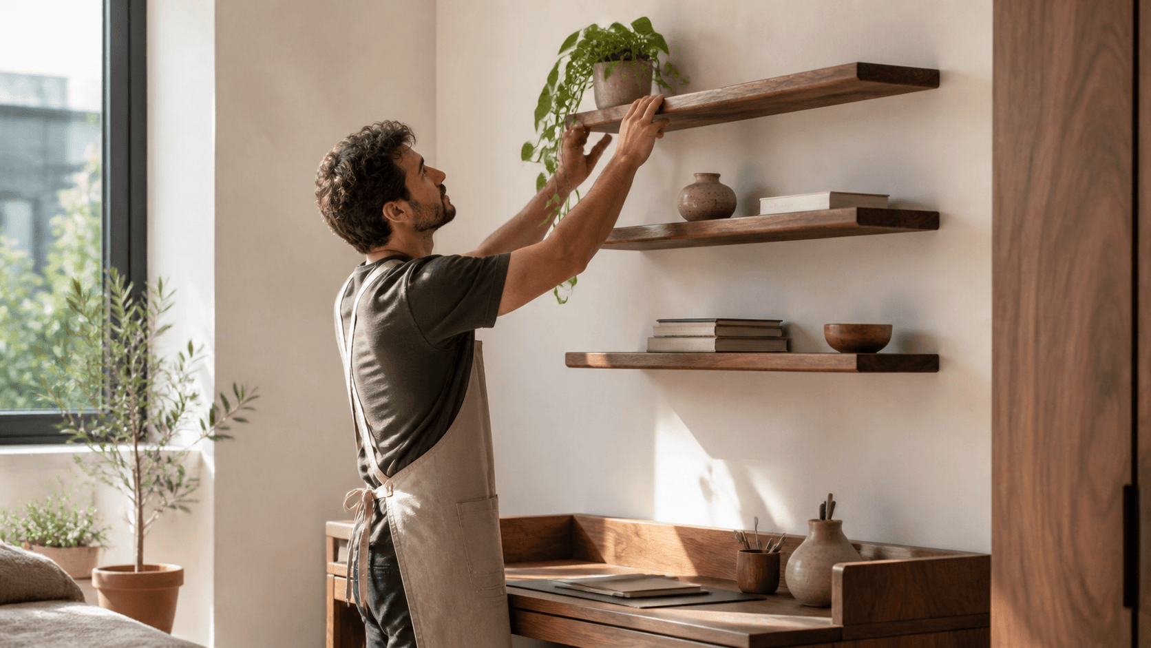 Three small wooden floating shelves mounted on a white wall, styled with plants and books.