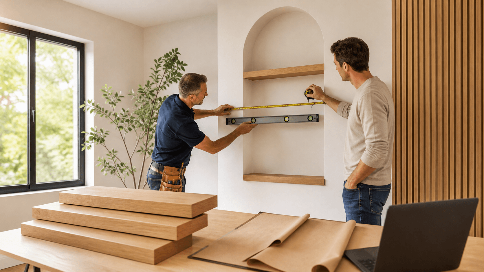 Modern white floating shelves on a beige wall with a tape measure and pencil in soft natural light.