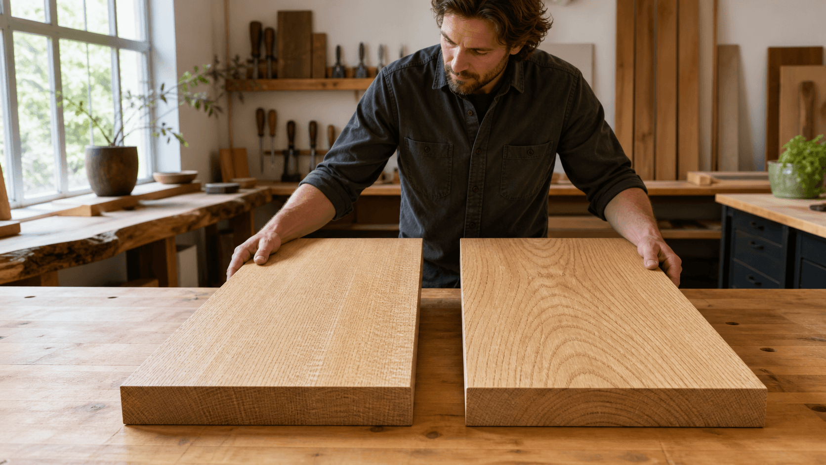 Close-up of oak shelf boards showing straight quarter-sawn grain beside bold cathedral-patterned plain-sawn grain.