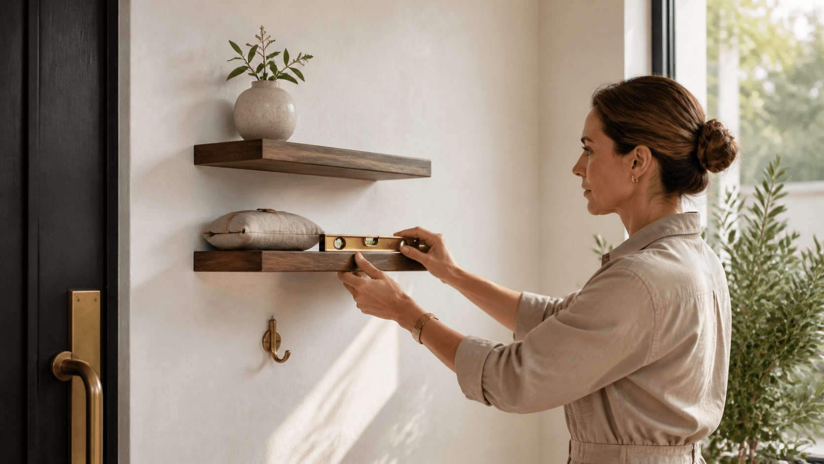 Minimalist mini shelves with ceramics and books on a warm beige wall in soft natural light.