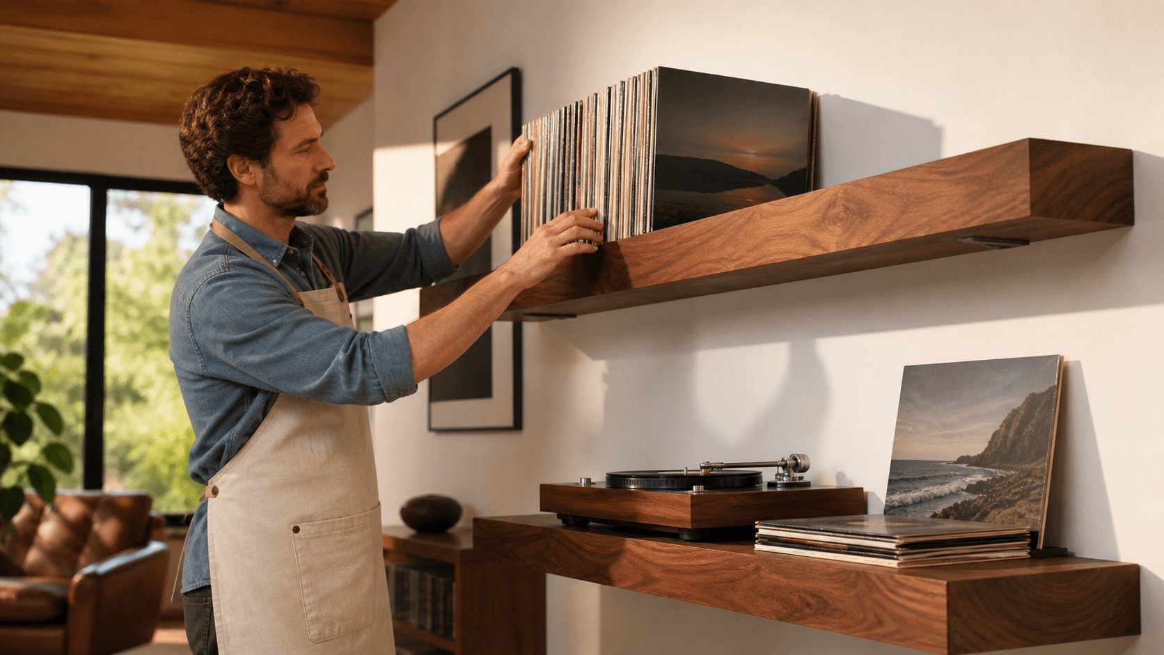 Wall-mounted wooden floating shelves hold vinyl records in a softly lit modern living room.
